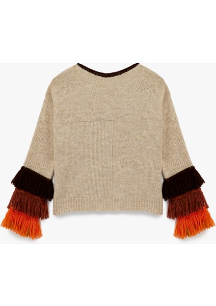 Çok Renkli Püsküllü Uzun Kollu Bisiklet Yaka Triko Kazak