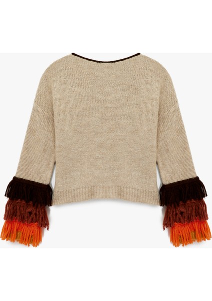 Çok Renkli Püsküllü Uzun Kollu Bisiklet Yaka Triko Kazak fiyatları