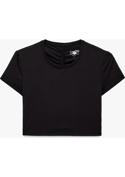 Slim Fit Büzgülü Kısa Kollu Bisiklet Yaka Viskon Crop Spor Tişört