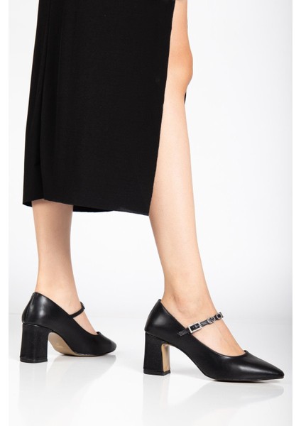 Kadın Stiletto Topuklu Ayakkabı Siyah Suni Deri Baret Taşlı Kalın Topuklu fiyatları