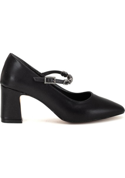 Kadın Stiletto Topuklu Ayakkabı Siyah Suni Deri Baret Taşlı Kalın Topuklu modelleri