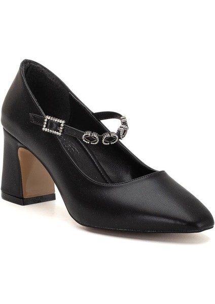 Kadın Stiletto Topuklu Ayakkabı Siyah Suni Deri Baret Taşlı Kalın Topuklu fırsatları