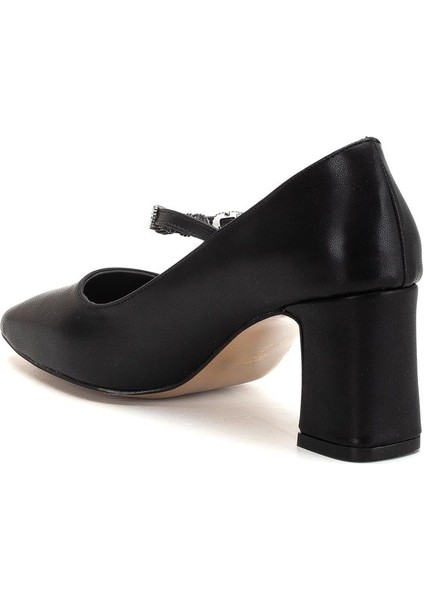 Kadın Stiletto Topuklu Ayakkabı Siyah Suni Deri Baret Taşlı Kalın Topuklu indirimleri