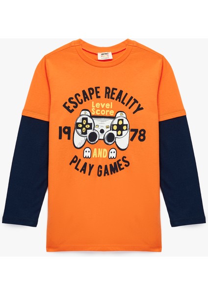 Uzun Kollu Pamuklu Bisiklet Yaka Baskılı Tişört