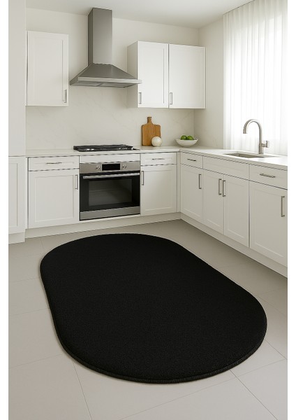 Siyah Oval Kesme Yumuşak Kaymaz Taban Kalın Peluş Yıkanabilir Salon Mutfak Oturma Odası Halı Yolluk