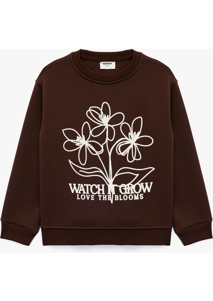 Şardonlu Uzun Kollu Bisiklet Yaka Baskılı Sweatshirt