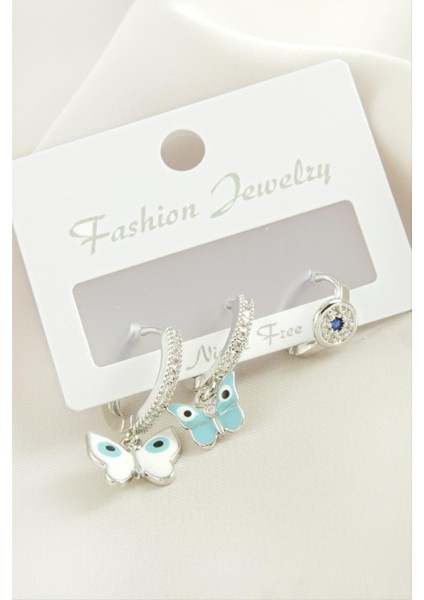 Zengezur 3 Adet Kelebek Zirkon Taşlı Küpe-Sarı