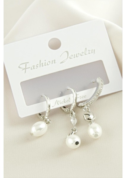 Zengezur 3 Adet Oval Inci Zirkon Taşlı Küpe-Gümüş Rengi fiyatları