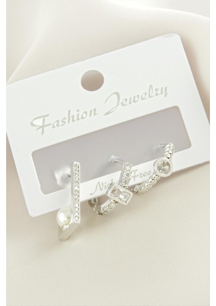 Zengezur 3 Adet Dikdörtgen Inci Zirkon Taşlı Küpe-Gümüş Rengi fiyatları