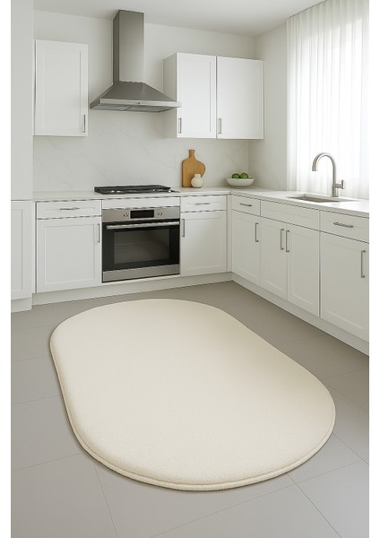 Krem Oval Kesme Yumuşak Kaymaz Taban Kalın Peluş Yıkanabilir Salon Yatak Oturma Odası Halı Yolluk