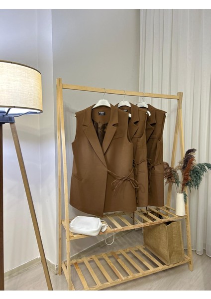 Bağlamalı Ipli Kahverengi Blazer Yelek