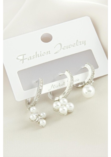 Zengezur 3 Adet Çiçek Inci Zirkon Taşlı Küpe-Gümüş Rengi