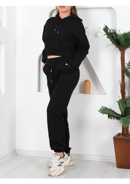 Beli Lastikli Kapüşonlu 3 Iplik Siyah Kadın Sweat Alt Üst Takım