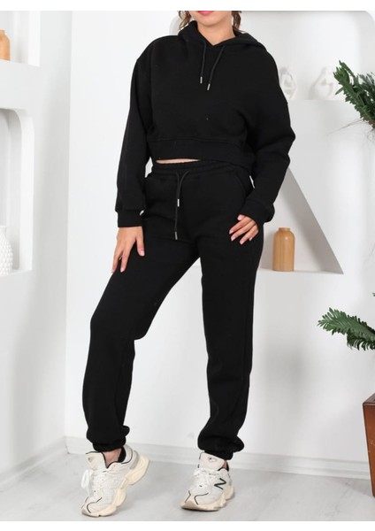 Beli Lastikli Kapüşonlu 3 Iplik Siyah Kadın Sweat Alt Üst Takım fiyatları