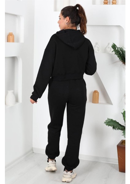Beli Lastikli Kapüşonlu 3 Iplik Siyah Kadın Sweat Alt Üst Takım fırsatları
