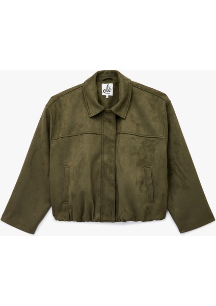 Çıtçıt Düğme Detaylı Fermuarlı Cepli Süet Görünümlü Oversize Bomber Ceket