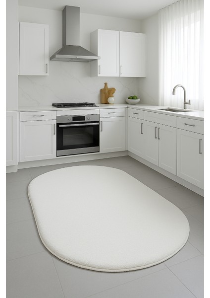 Beyaz Oval Kesme Yumuşak Kaymaz Taban Kalın Peluş Yıkanabilir Antre Hol Oturma Odası Halı Yolluk