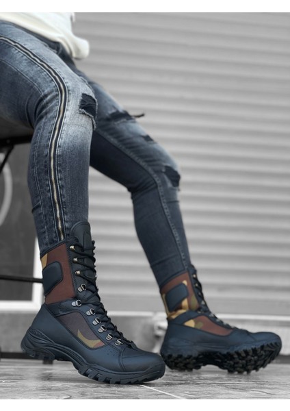 ET0605 Bağcıklı Siyah Kamuflaj Askeri Postal Bot