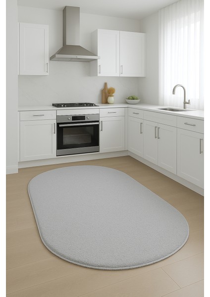 Açık Gri Oval Kesme Yumuşak Kaymaz Taban Kalın Peluş Yıkanabilir Mutfak Oturma Odası Halı Yolluk
