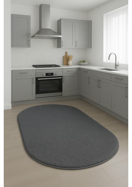 Koyu Gri Oval Kesme Yumuşak Kaymaz Taban Kalın Peluş Yıkanabilir Yatak Odası Salon Halı Yolluk