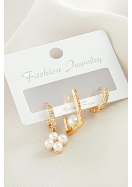 Zengezur 3 Adet Çiçek Inci Zirkon Taşlı Küpe-Sarı