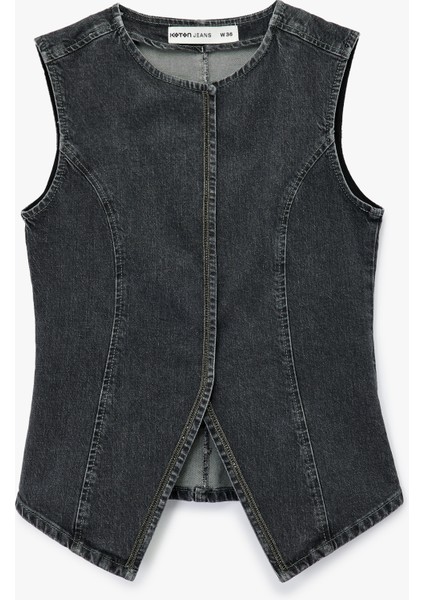 Pamuklu Slim Fit Kolsuz Bisiklet Yaka Denim Yelek