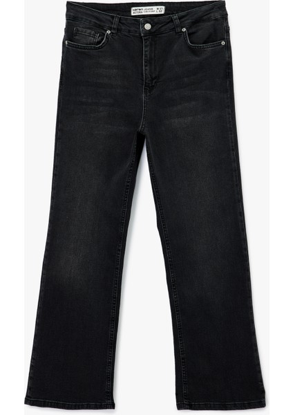 Yüksek Bel Dar Kalıp Düğmeli Cepli Ispanyol Paça Crop Jean Pantolon - Flare Jeans