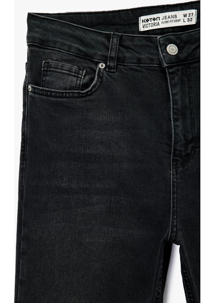 Yüksek Bel Dar Kalıp Düğmeli Cepli Ispanyol Paça Crop Jean Pantolon - Flare Jeans fırsatları