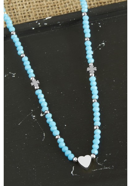 Ds-Derin Kalp Metal Aparatlı Kristal Kolye-Mavi