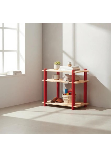 Dikdörtgen Ahşap Komodin, Üç Gözlü, 59X59X40CM, Kayın, Portatif, Dekoratif, Doğal, Geçmeli Sistem