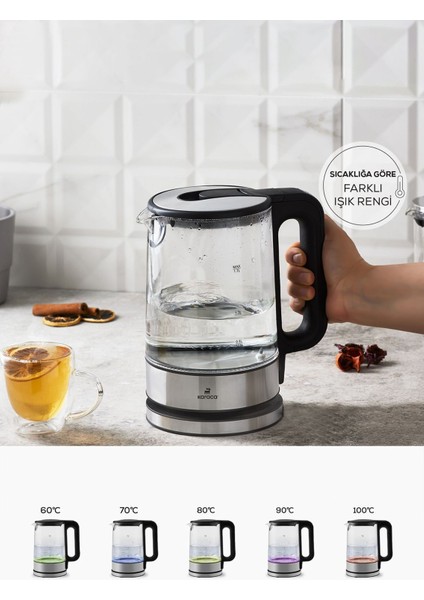 Sıcaklık Ayarlı LED Işıklı Cam Su Isıtıcı 2200W