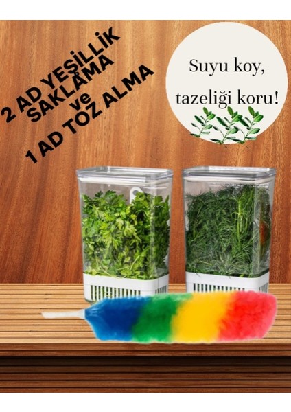 Yeşillik Saklama Kabı 2 Ad 2900ML + 1 Ad Toz Alma Saklama Kab Maydonoz,dereotu,tere Roka Yeşillik