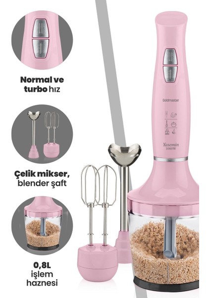Yasemin 1000W Sessiz Hız Ayarlı 3'ü 1 Arada Doğrama ve Karıştırma Blender Seti