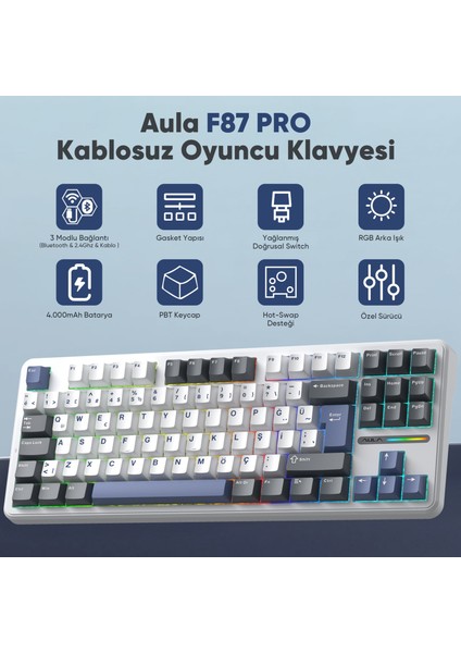 F87 Pro Mekanik Rgb Tkl Graywood V4 Switch Kablosuz Makrolu Hot Swap Türkçe Q Klavye Mavi fiyatları