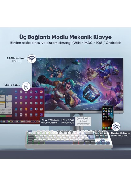 F87 Pro Mekanik Rgb Tkl Graywood V4 Switch Kablosuz Makrolu Hot Swap Türkçe Q Klavye Mavi modelleri