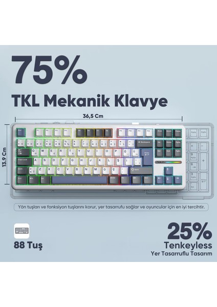 F87 Pro Mekanik Rgb Tkl Graywood V4 Switch Kablosuz Makrolu Hot Swap Türkçe Q Klavye Mavi fırsatları
