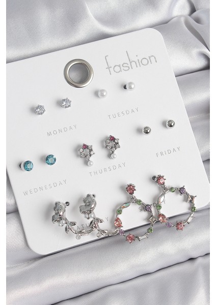 Pirinç Gümüş Renk Zirkon Taşlı Gül Figür Halka Model 7 Çift Kadın Küpe Seti - TJ-BKP10544 fiyatları