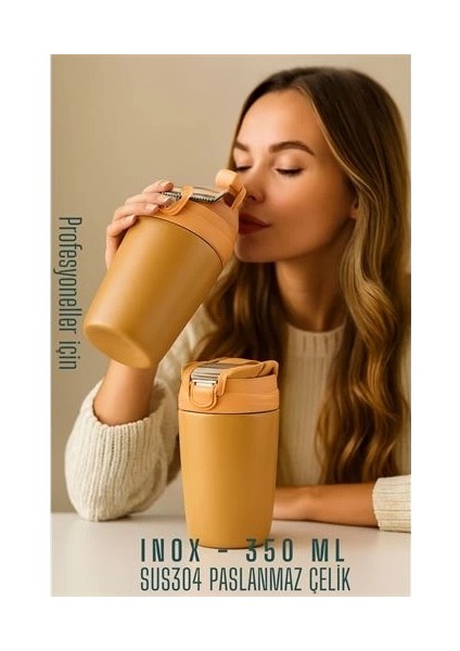 Inox Çelik Kahve Bardağı - 350 ml SUS304 Çelik Termos Profesyonel Latte
