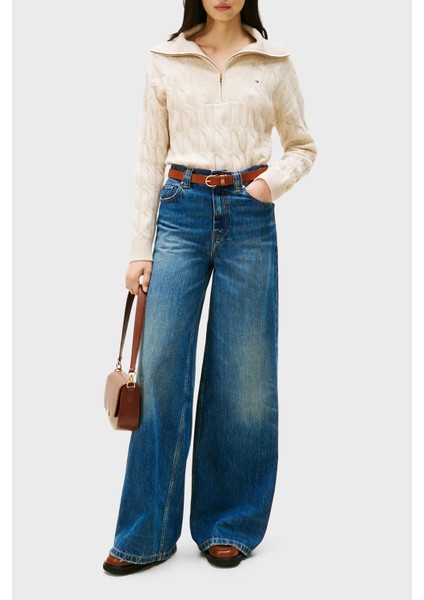 % 100 Yün Relaxed Fit Yarım Fermuarlı Dik Yaka Örgü Kazak Bayan Kazak WW0WW46425 Adk fiyatları