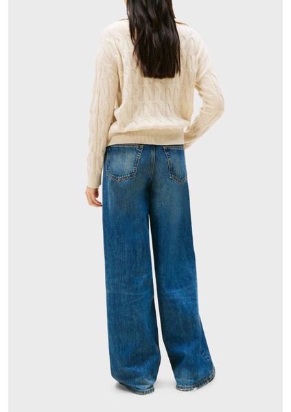 % 100 Yün Relaxed Fit Yarım Fermuarlı Dik Yaka Örgü Kazak Bayan Kazak WW0WW46425 Adk modelleri