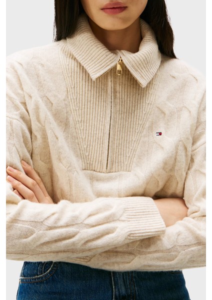 % 100 Yün Relaxed Fit Yarım Fermuarlı Dik Yaka Örgü Kazak Bayan Kazak WW0WW46425 Adk fırsatları