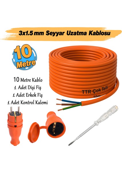 Seyyar 10 Metre Uzatma Kablosu Ttr Cca Çok Telli 3x1.5 mm Elektrik Kablo Kontrol Kalem Dişi Erkek Fiş fiyatları