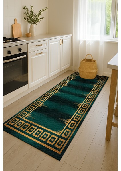 Yeşil Gold Kenar Desenli Halı – Yıkanabilir ve Kaymaz Tabanlı Dekoratif modelleri