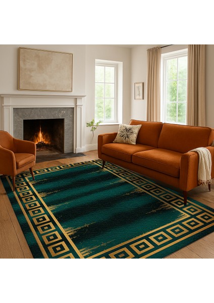 Yeşil Gold Kenar Desenli Halı – Yıkanabilir ve Kaymaz Tabanlı Dekoratif