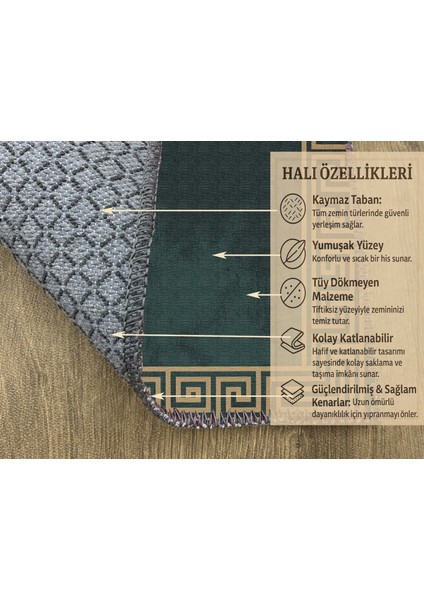 Yeşil Gold Kenarlı Geometrik Şekilli Dijital Baskılı Halı – Antre, Mutfak ve Salon Için fırsatları