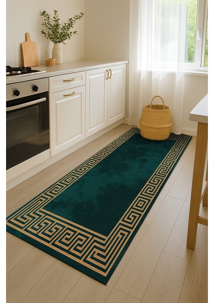 Yeşil Gold Kenarlı Geometrik Şekilli Dijital Baskılı Halı – Antre, Mutfak ve Salon Için indirimleri