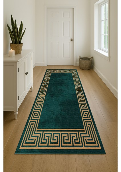 Yeşil Gold Kenarlı Geometrik Şekilli Dijital Baskılı Halı – Antre, Mutfak ve Salon Için