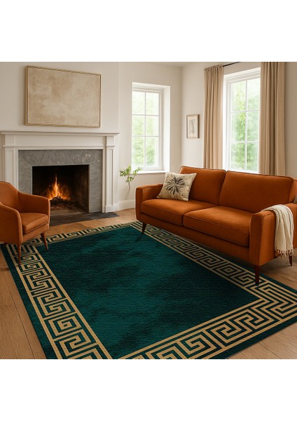 Yeşil Gold Kenarlı Geometrik Şekilli Dijital Baskılı Halı – Antre, Mutfak ve Salon Için modelleri