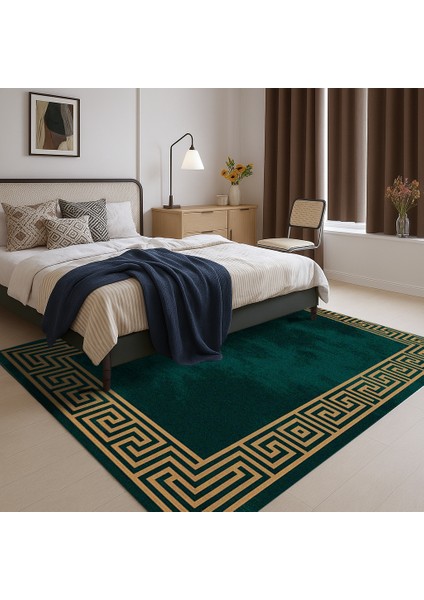 Yeşil Gold Kenarlı Geometrik Şekilli Dijital Baskılı Halı – Antre, Mutfak ve Salon Için