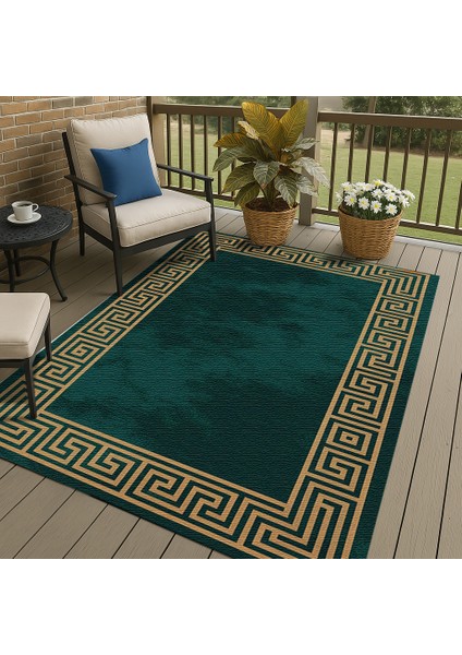 Yeşil Gold Kenarlı Geometrik Şekilli Dijital Baskılı Halı – Antre, Mutfak ve Salon Için